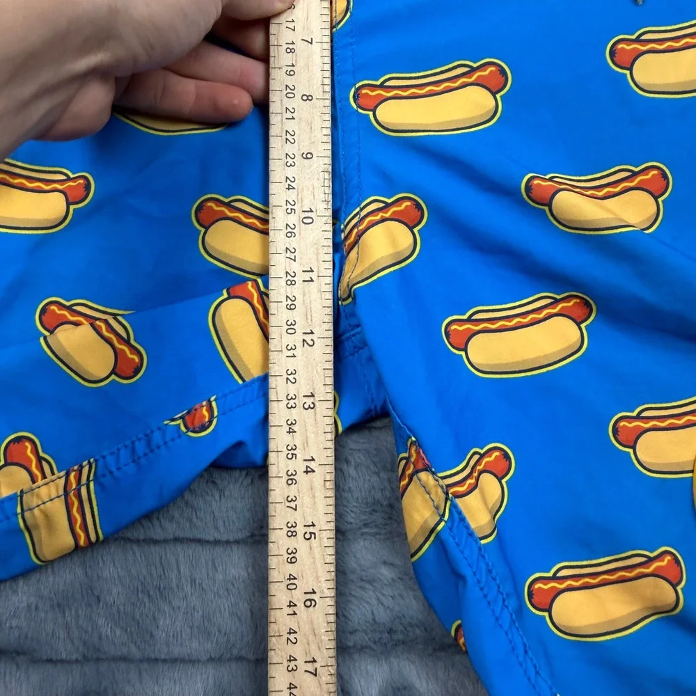 Baseballism Hot Dog Print Swim Trunks Mens Medium Blue Yellow Board Shorts